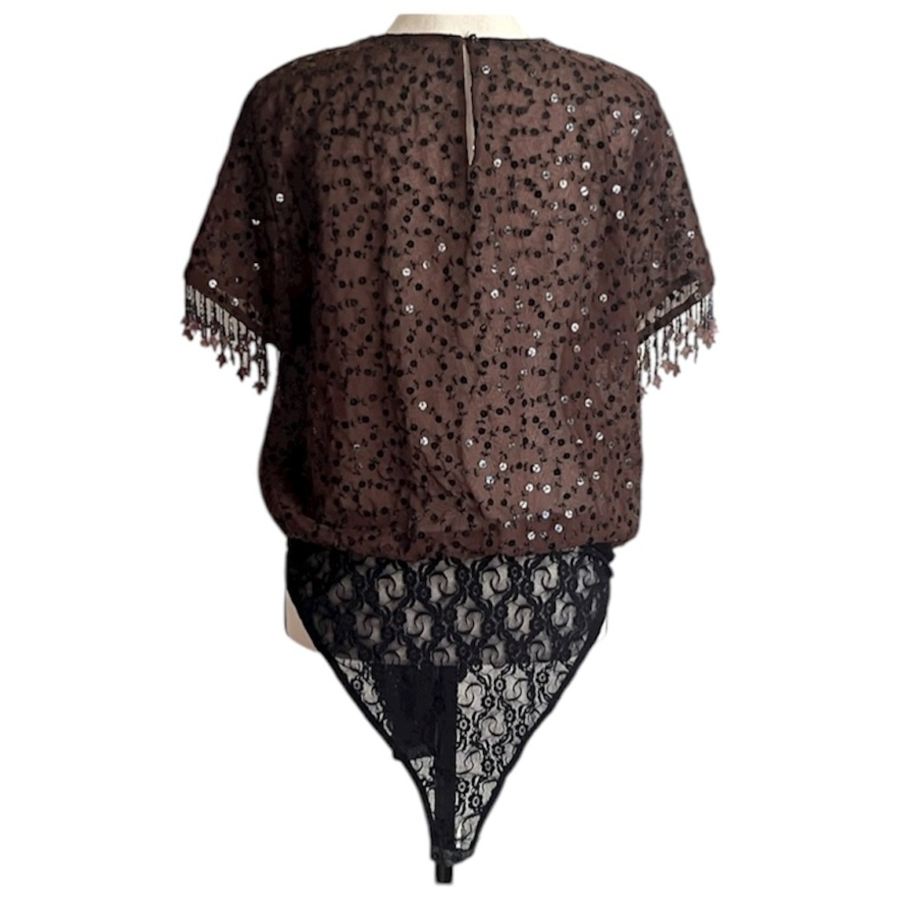 Sequin Beaded Sequin Chocolate Brown Bodysuit Medium Fringe Fall Holiday USA - Picture 5 of 13